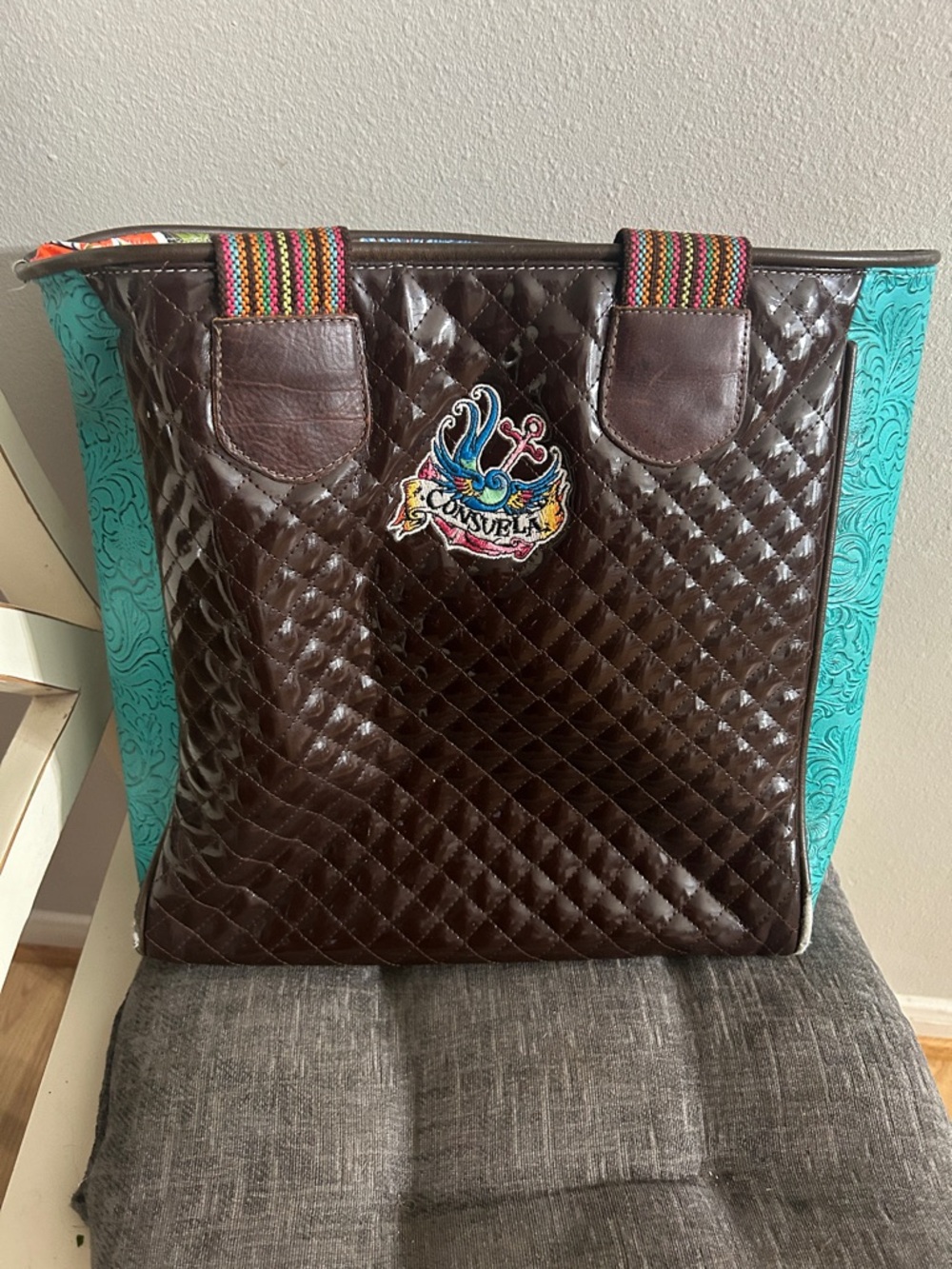 Consuela Brown Quilted Tote with Turquoise Tooled Sides